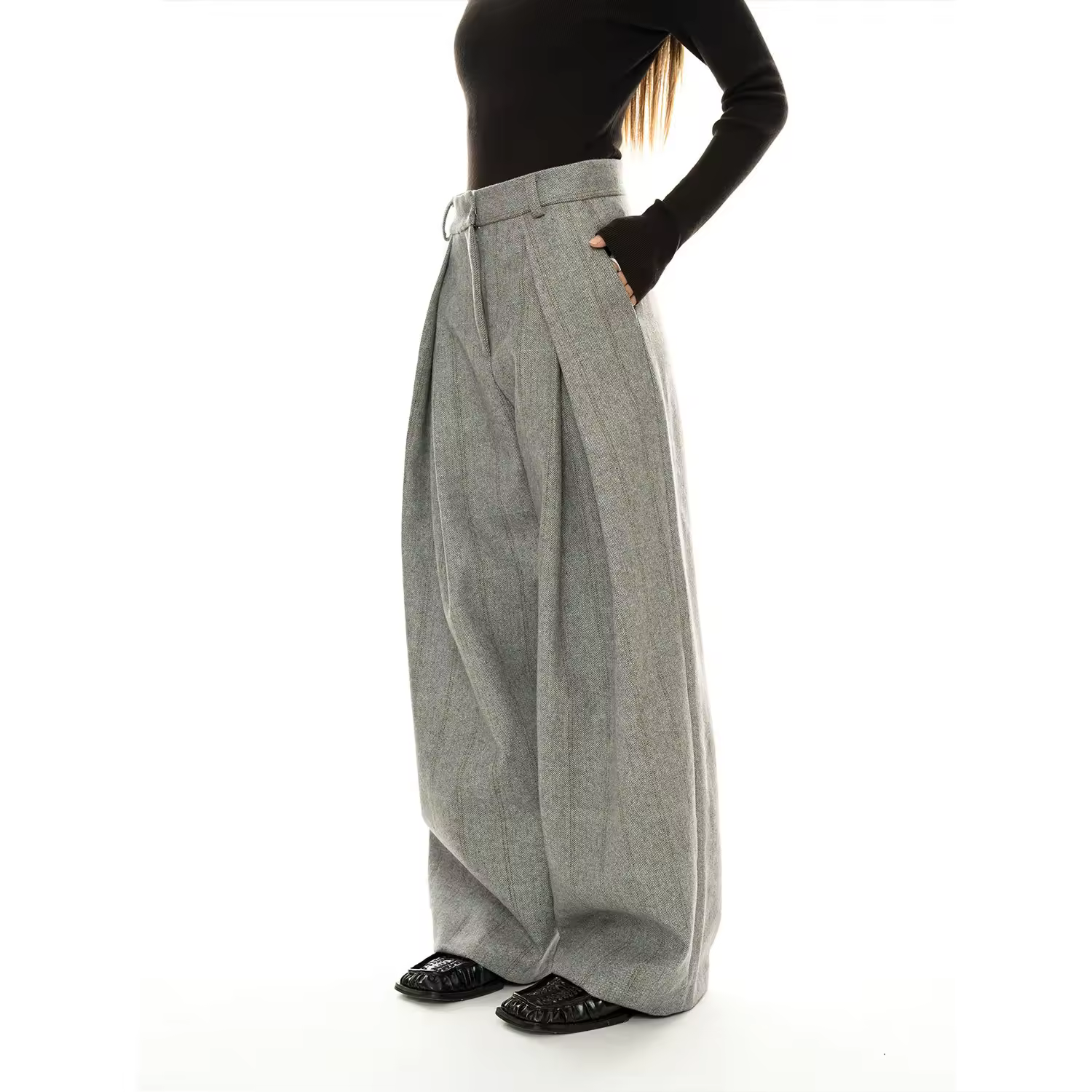 French Style Winter Vintage Wool Blended Pleated High-waist Wide-leg — detail 1