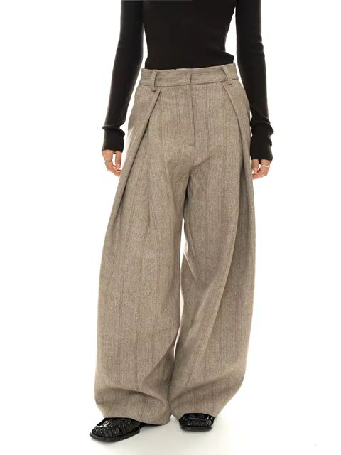 French Style Winter Vintage Wool Blended Pleated High-waist Wide-leg