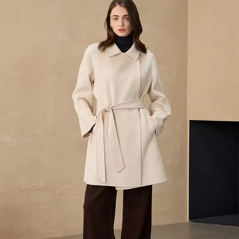 Luxury Woolen Coat Custom Mid Length 100% Goat Cashmere Coat With Belt — detail 2