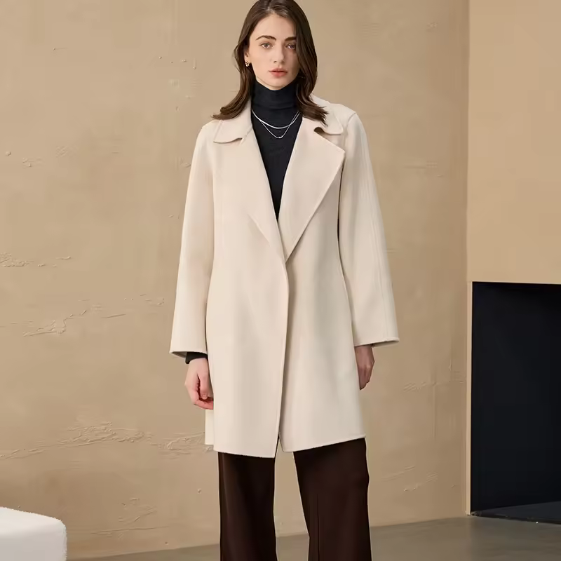 Luxury Woolen Coat Custom Mid Length 100% Goat Cashmere Coat With Belt — detail 3