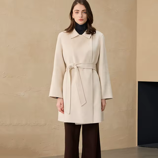 Luxury Woolen Coat Custom Mid Length 100% Goat Cashmere Coat With Belt