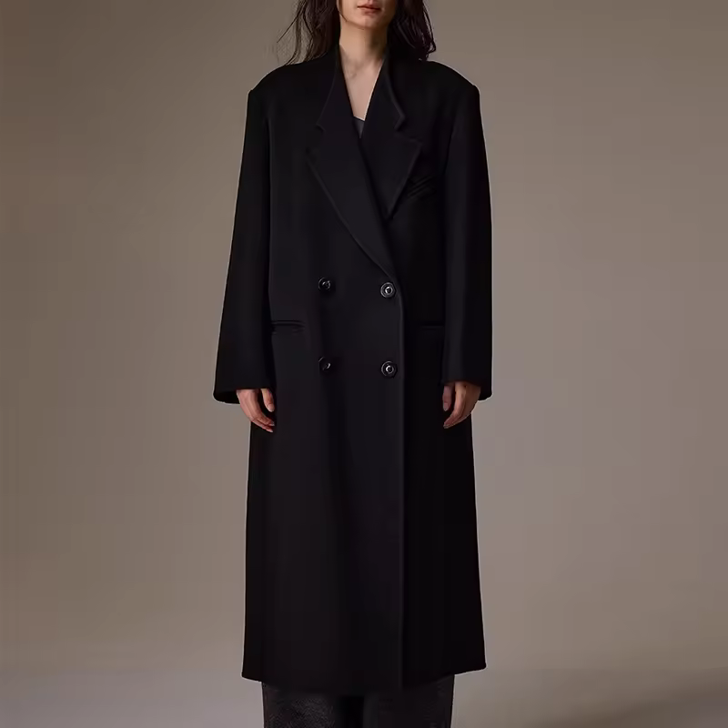 Warm Thick Turn Down Collar Woolen Coat Custom Long Double Faced — detail 2