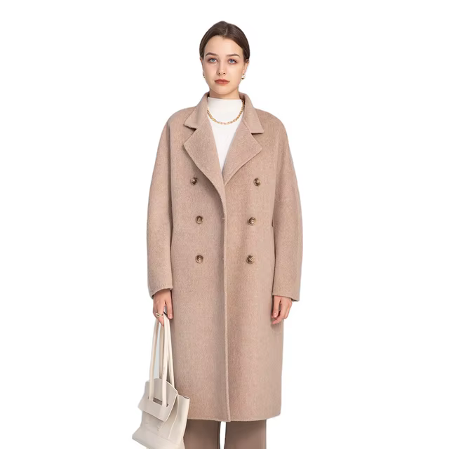 Double Breasted Belt Cashmere Coat Turn Down Collar Wool Long Trench