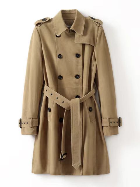 Double Breasted Long Sleeves Genuine Sheep Leather Trench Coat